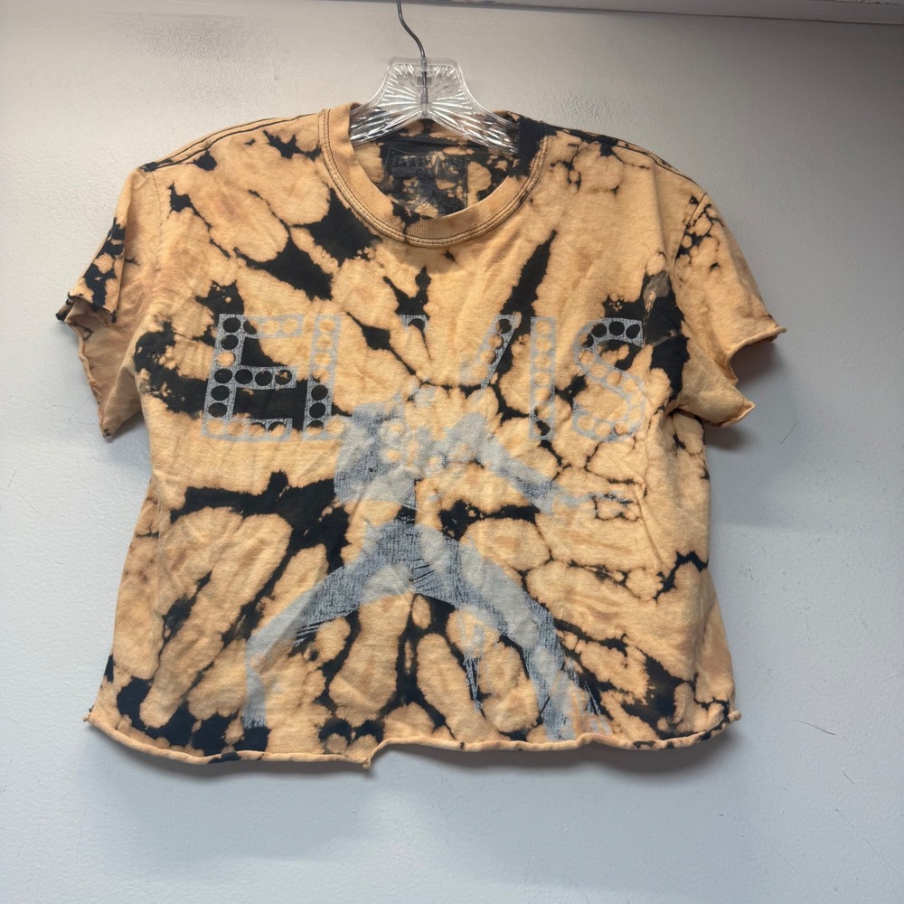 Elvis Presley Graphic Tee Women Small Tan Black Good Bleach Wash Cropped Raw Hem